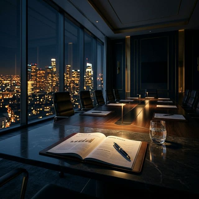 Executive boardroom overlooking a city skyline — representing strategic commercial decision-making